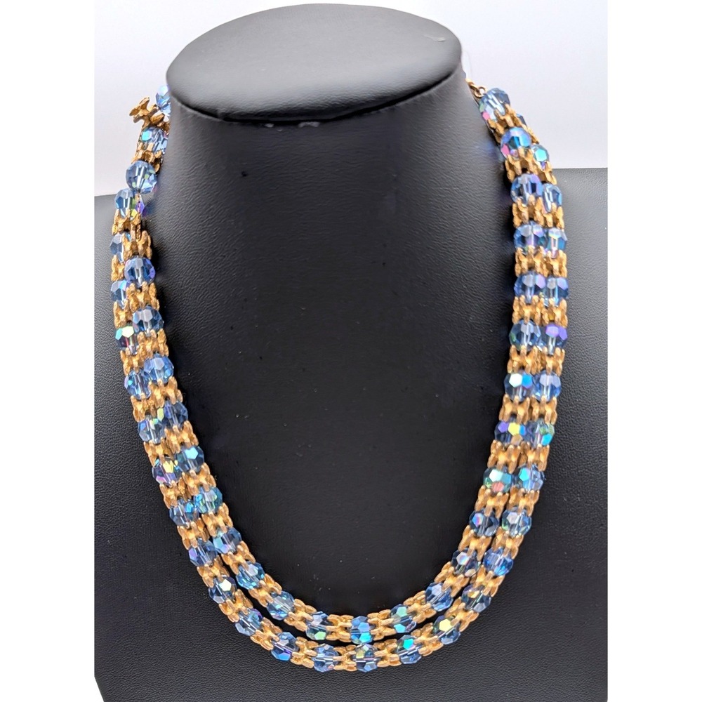 Vogue Vintage Jewelry Set Blue AB Crystal 2 Strand Necklace Clip Earrings Gold